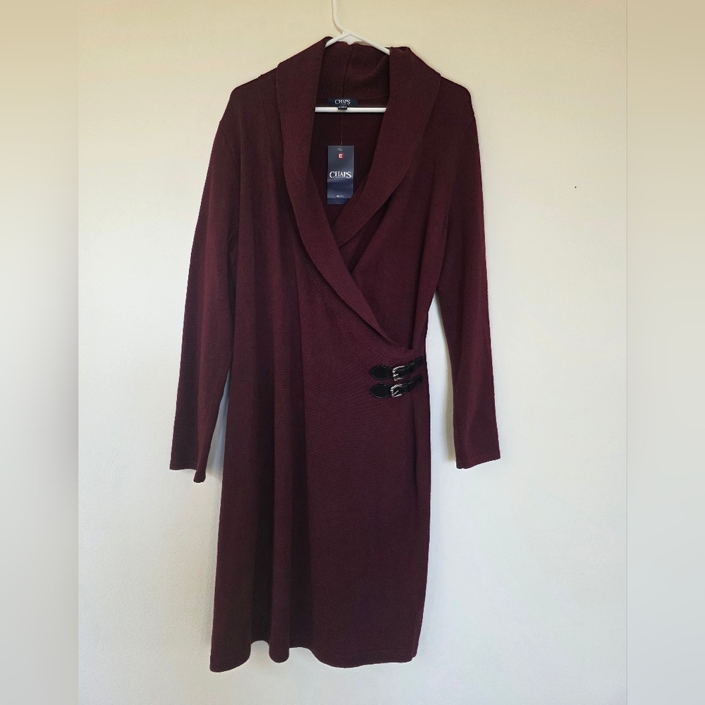 Chaps Ralph Lauren Maroon Knit Faux Wrap Sweater Dress NEW WITH TAGS Womens XL